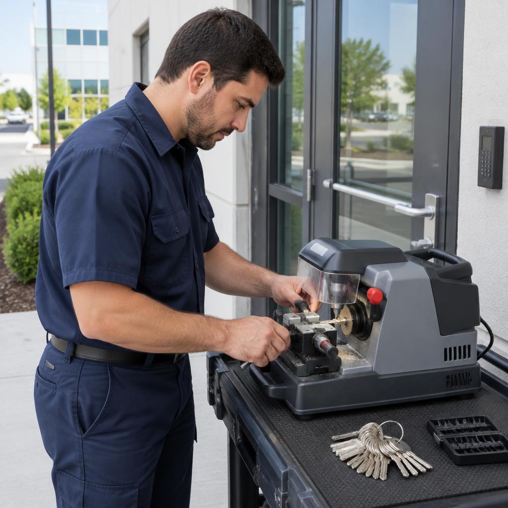 Building key copying in Stanley, NC — locksmith cutting a duplicate key at a commercial building entrance