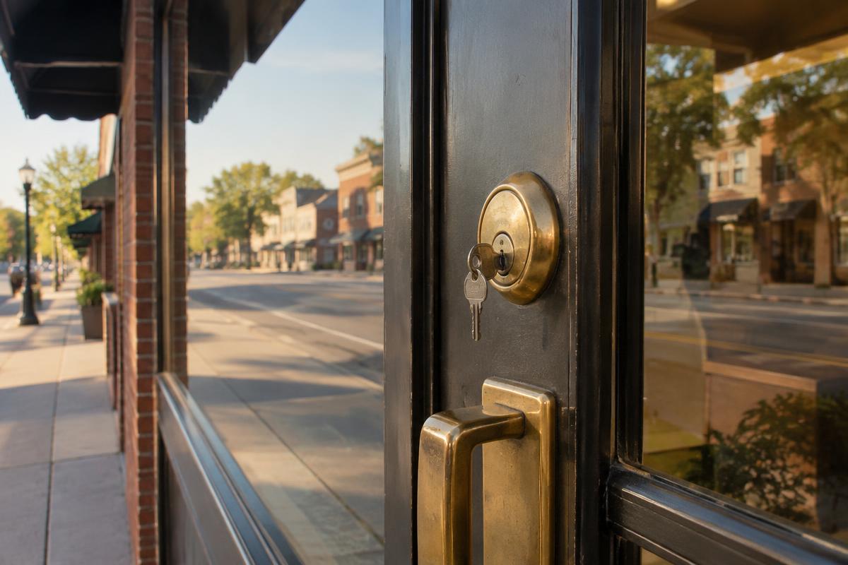 Business lockout service in Stanley, NC — commercial storefront door lock with a key on a Stanley, NC main street