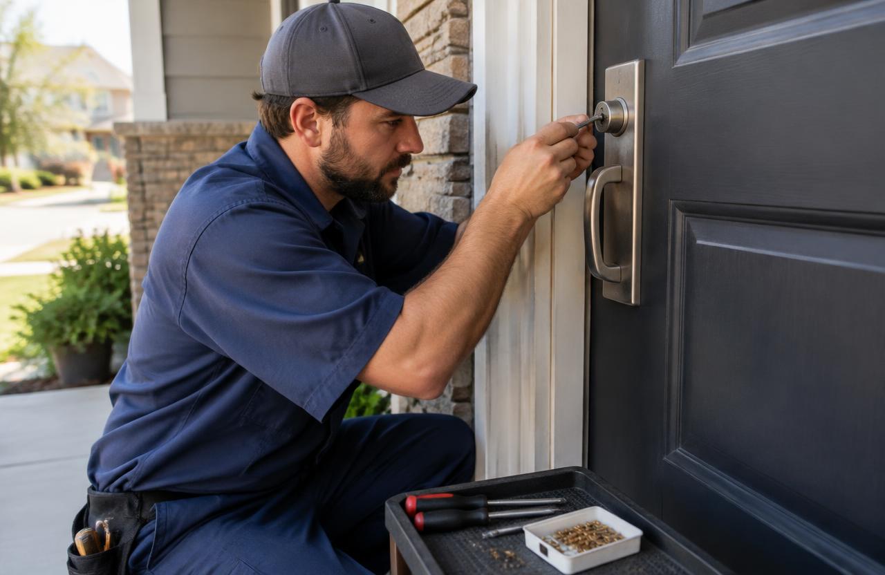 Residential locksmith rekeying the lock cylinder of a house front door in Stanley, NC
